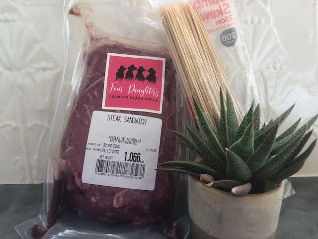 JULIE’S SATAY BEEF SKEWERS – using Sandwich steaks or Roast beef – Four Daughters